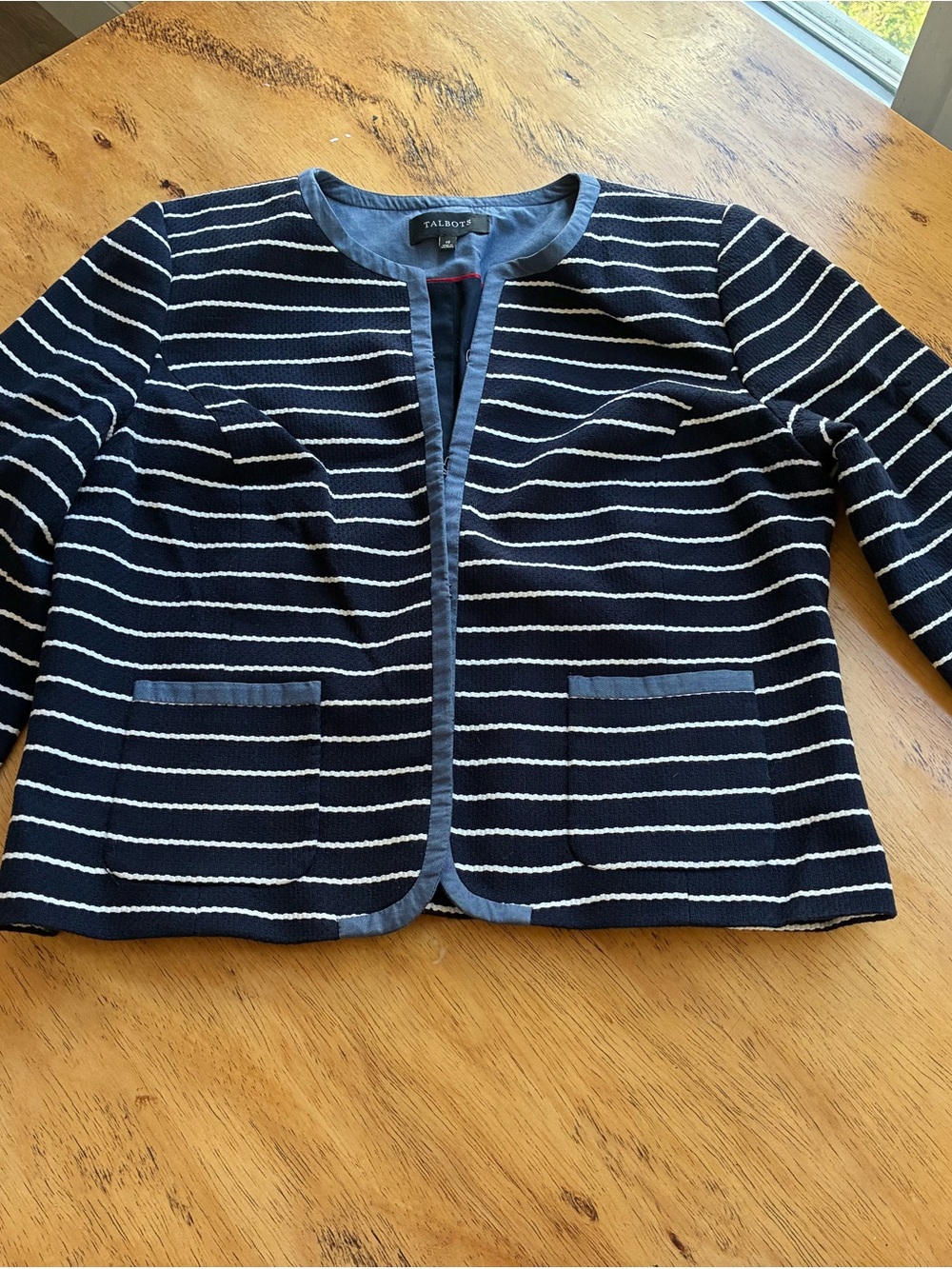 Talbots Navy and White Striped Collarless Blazer